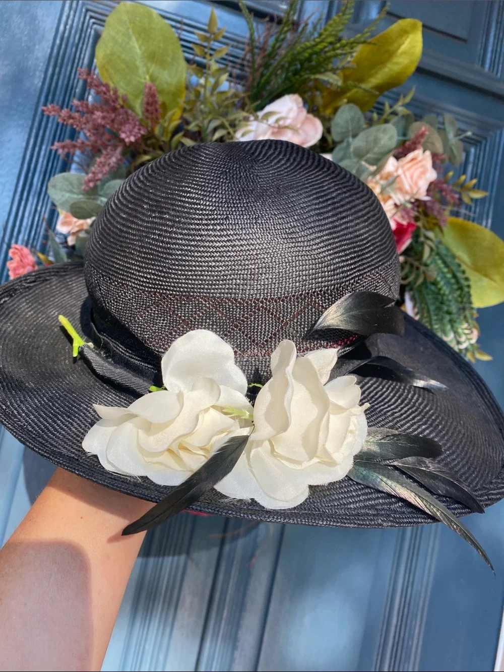 Vintage Miss Bierner Black Wide-Brim Dress Hat with Floral & Feather Accent